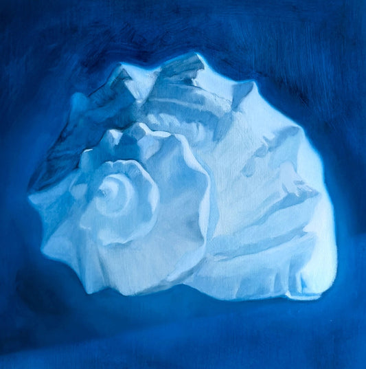 Detail of Spiral Shell painting showing soft glow and panel surface texture