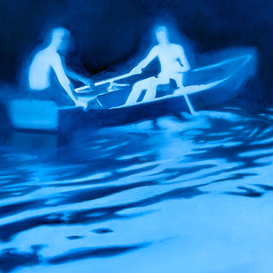 Detail of The Rowers painting showing luminous figures and water surface texture