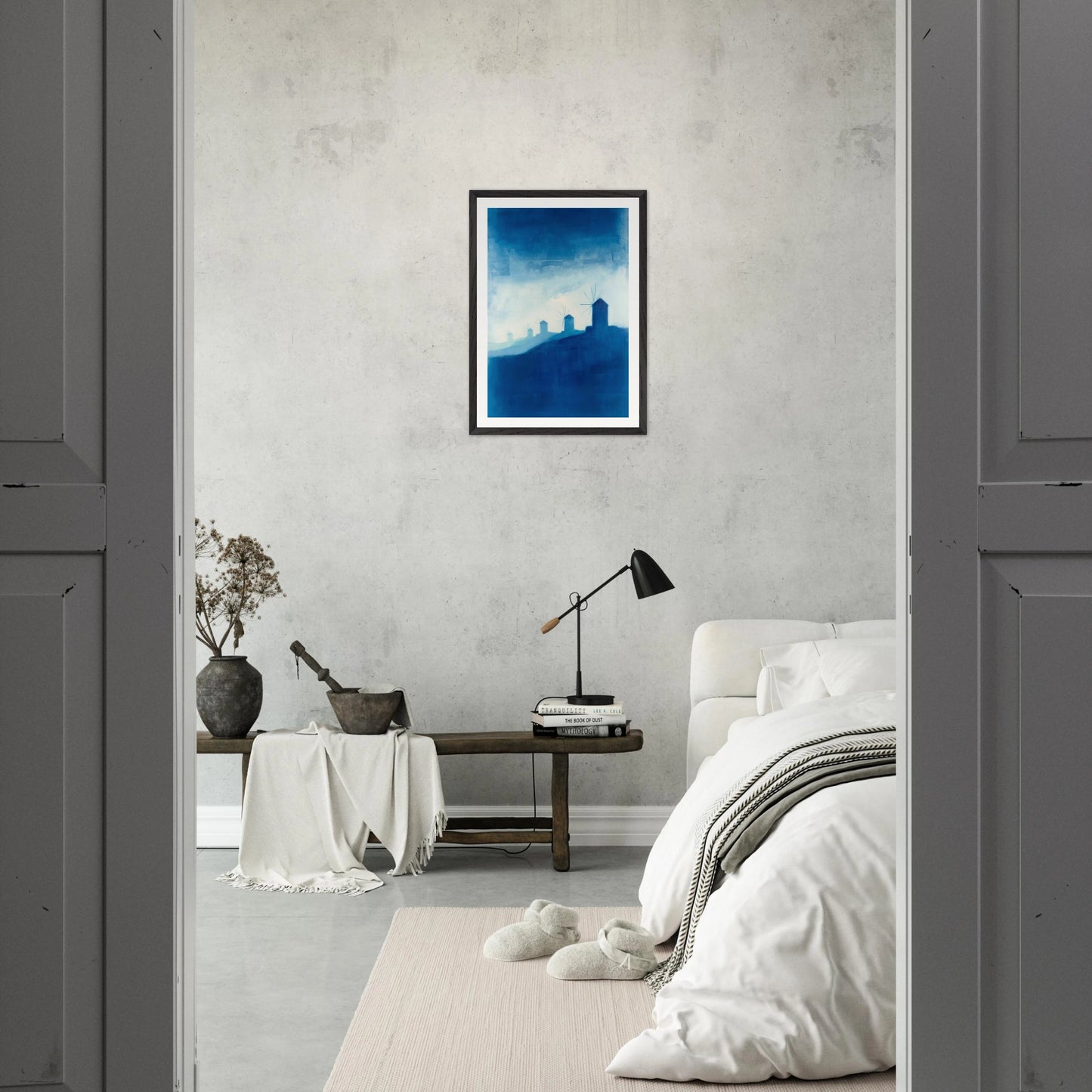 Windmühlen auf Mykonos – Gerahmter Kunstdruck
