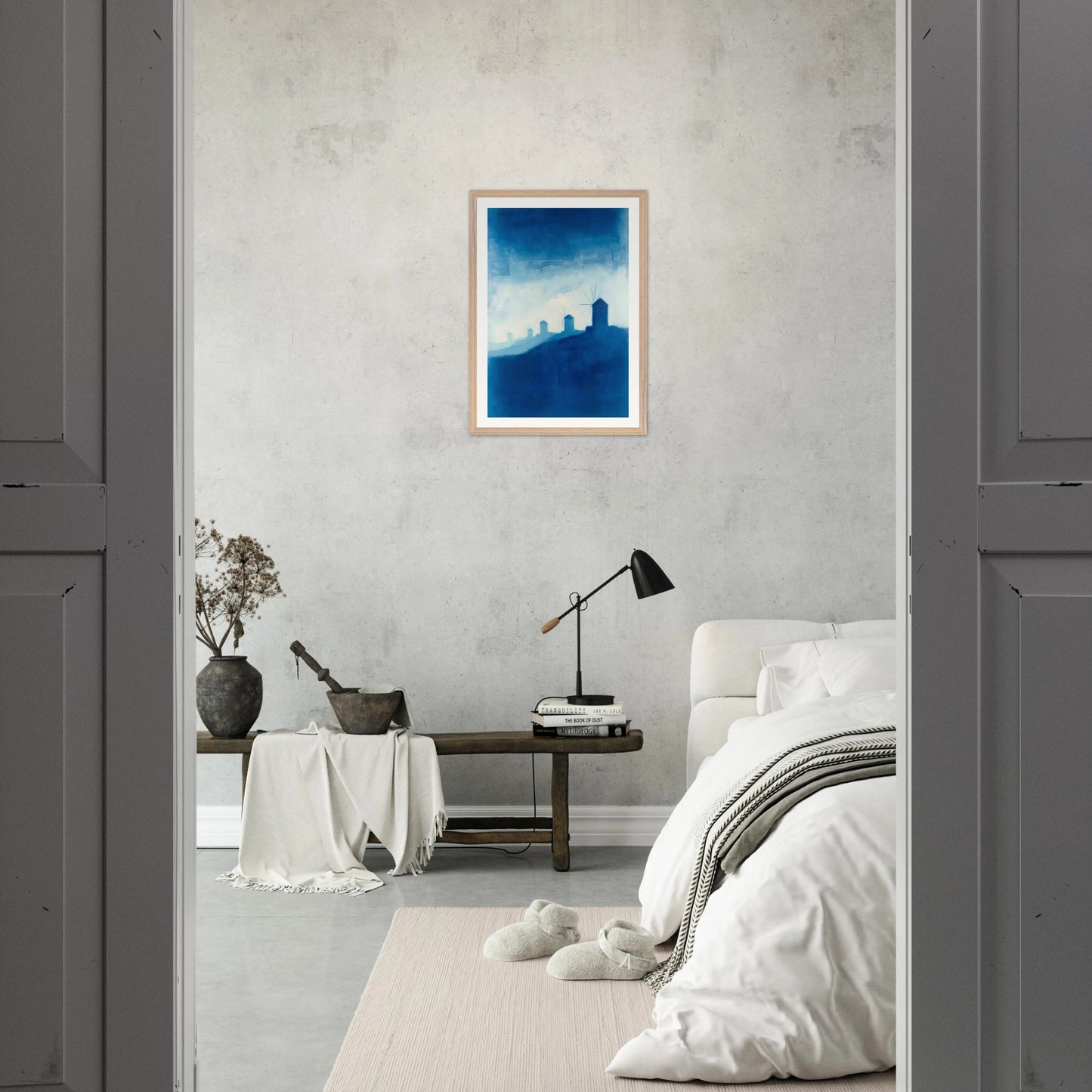 Windmühlen auf Mykonos – Gerahmter Kunstdruck