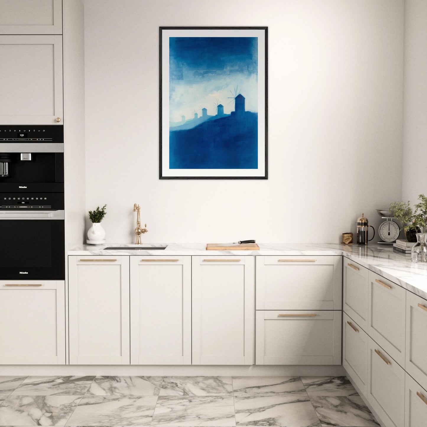 Windmühlen auf Mykonos – Gerahmter Kunstdruck