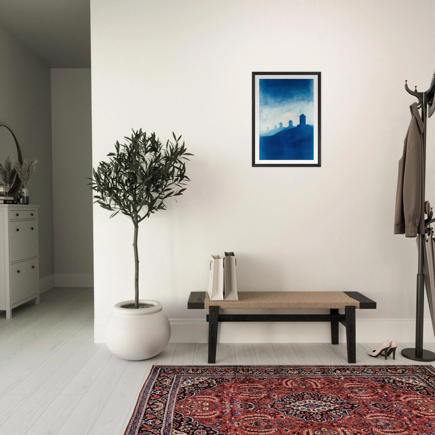 Windmühlen auf Mykonos – Gerahmter Kunstdruck