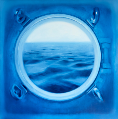 Detail of Porthole painting showing brushwork and luminous blue water