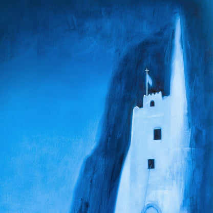 Detail of Monastery on Amorgos painting showing textured surface and luminous blue tones