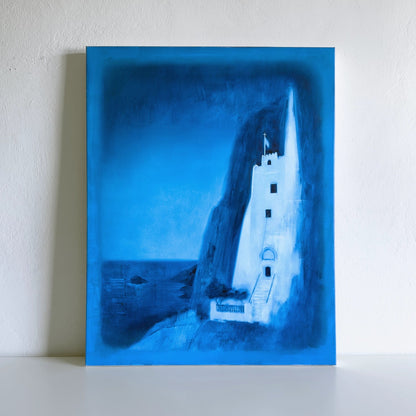 Monastery on Amorgos original oil painting – cliff monastery in deep Aegean blue by Lance Hewison