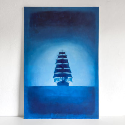 Nostos (Homecoming) original oil painting by Lance Hewison – tall ship silhouette against luminous blue horizon