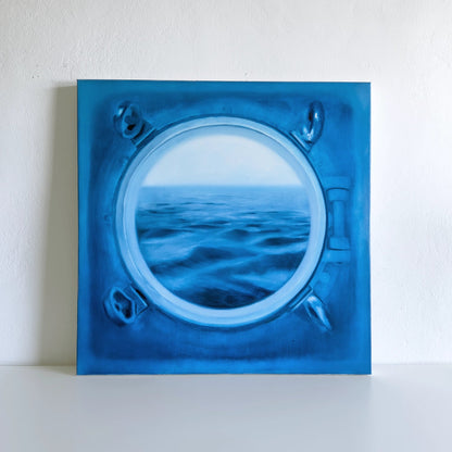 Porthole original oil painting by Lance Hewison – round window onto open sea in deep blue