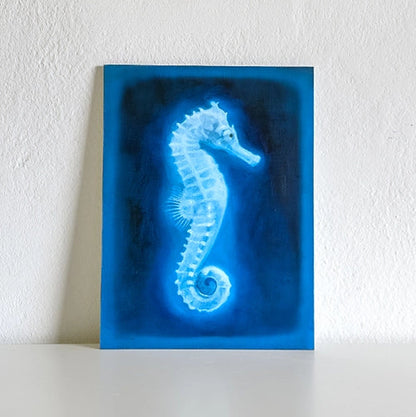 Seahorse original oil painting by Lance Hewison – oil on canvas 20×26 cm