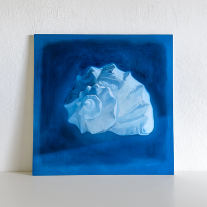 Spiral Shell original oil painting by Lance Hewison – single shell in deep blue, oil on panel