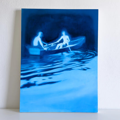 The Rowers original oil painting by Lance Hewison – two pale figures rowing on deep blue water