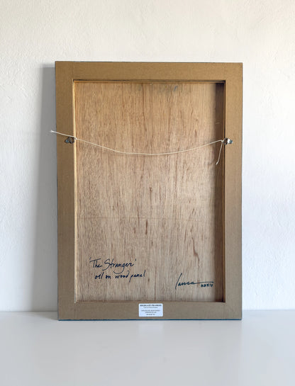Back of The Stranger showing artist signature and wood panel construction