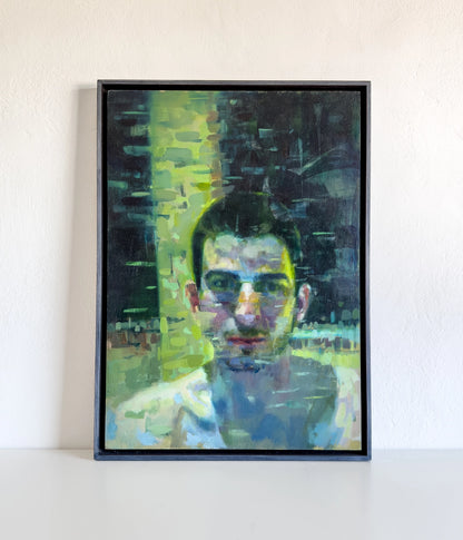 The Stranger original oil painting by Lance Hewison – portrait emerging from shifting light and shadow