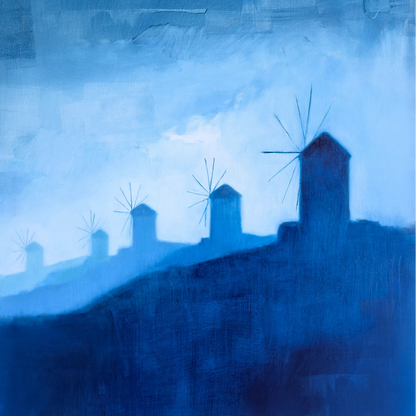 Detail of Windmills of Mykonos painting showing surface texture and deep blue tones