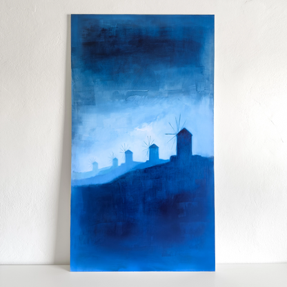 Windmills of Mykonos original oil painting by Lance Hewison – silhouettes against luminous Aegean sky