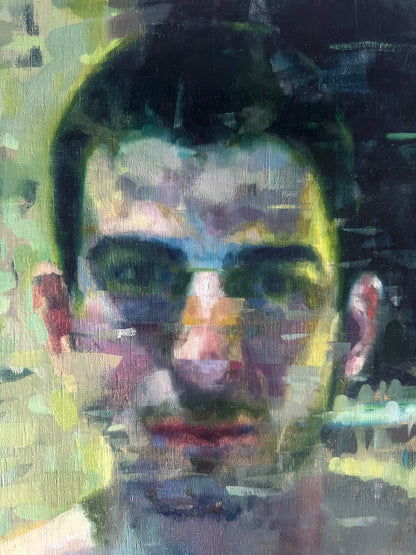 Close-up detail of The Stranger showing layered brushwork and textured paint surface