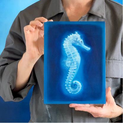 Back of Seahorse canvas showing artist signature