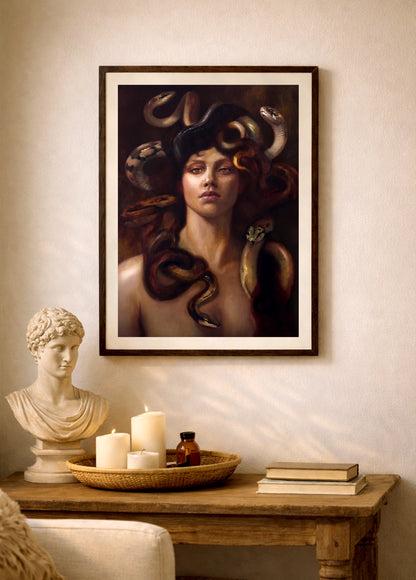 Medusa framed art print by Lance Hewison – archival giclée in natural wood frame